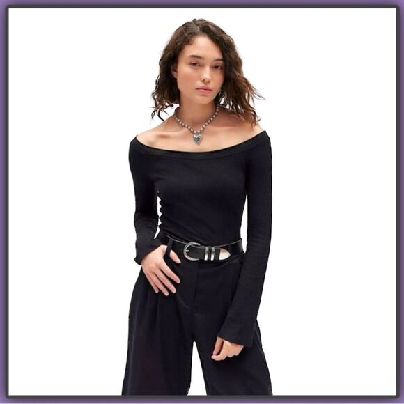 BDG Stella Boatneck Waffle knit Long Sleeve Tee Black - Picture 4 of 16